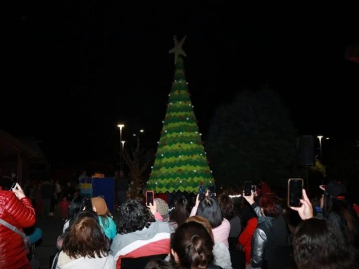 En Coñaripe realizaron encendido del Árbol de Navidad: fue confeccionado con 1200 cuadros tejidos a crochet